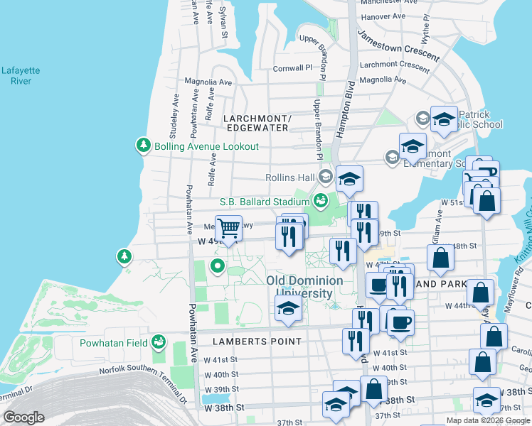 map of restaurants, bars, coffee shops, grocery stores, and more near 1331 Cedar Lane in Norfolk