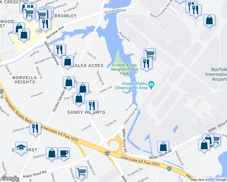 map of restaurants, bars, coffee shops, grocery stores, and more near 5812 Bradley Avenue in Norfolk