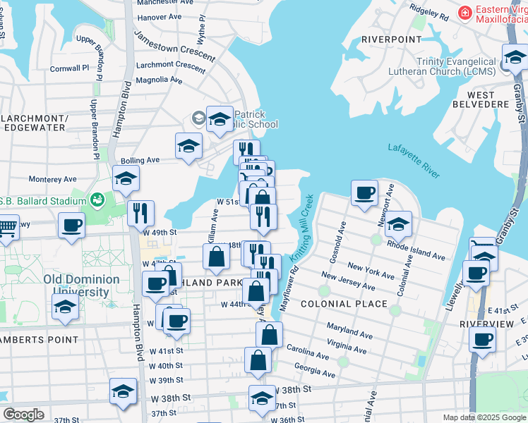 map of restaurants, bars, coffee shops, grocery stores, and more near 780 West 50th Street in Norfolk
