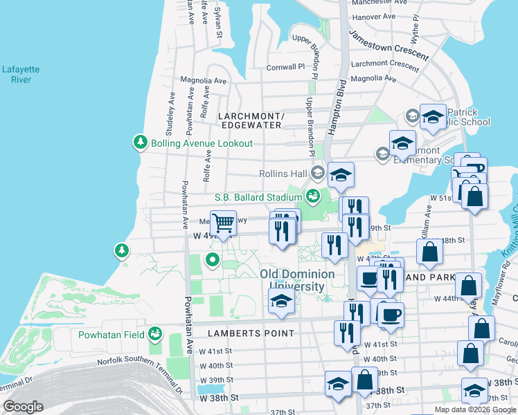 map of restaurants, bars, coffee shops, grocery stores, and more near 1331 Cedar Lane in Norfolk