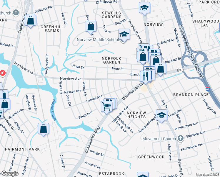 map of restaurants, bars, coffee shops, grocery stores, and more near 3827 Essex Circle in Norfolk