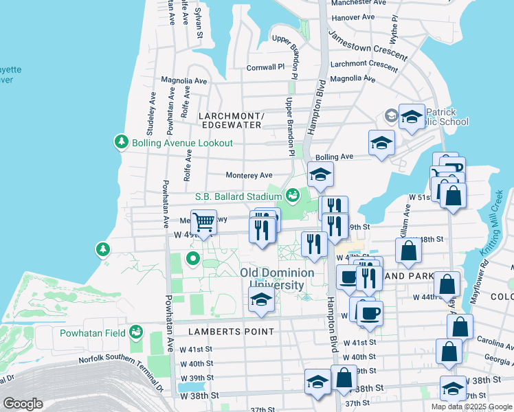 map of restaurants, bars, coffee shops, grocery stores, and more near 890 Cedar Lane in Norfolk