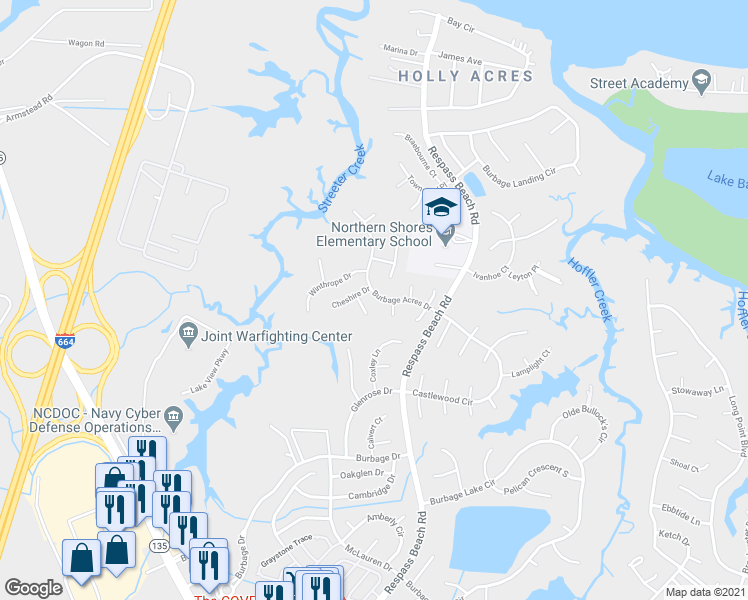 map of restaurants, bars, coffee shops, grocery stores, and more near 6215 Burbage Acres Drive in Suffolk