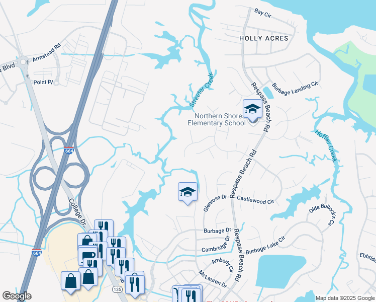 map of restaurants, bars, coffee shops, grocery stores, and more near 6218 Winthrope Drive in Suffolk