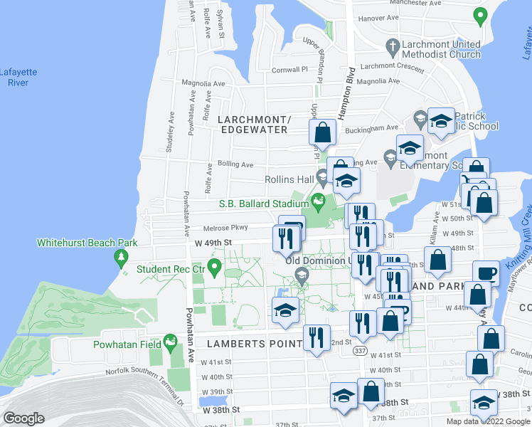 map of restaurants, bars, coffee shops, grocery stores, and more near 1401 Longwood Drive in Norfolk
