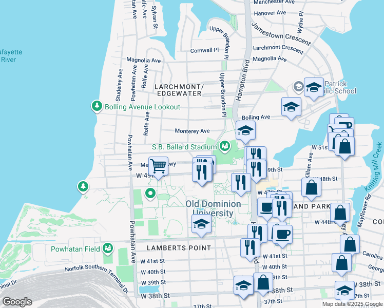 map of restaurants, bars, coffee shops, grocery stores, and more near 1337 Longwood Drive in Norfolk