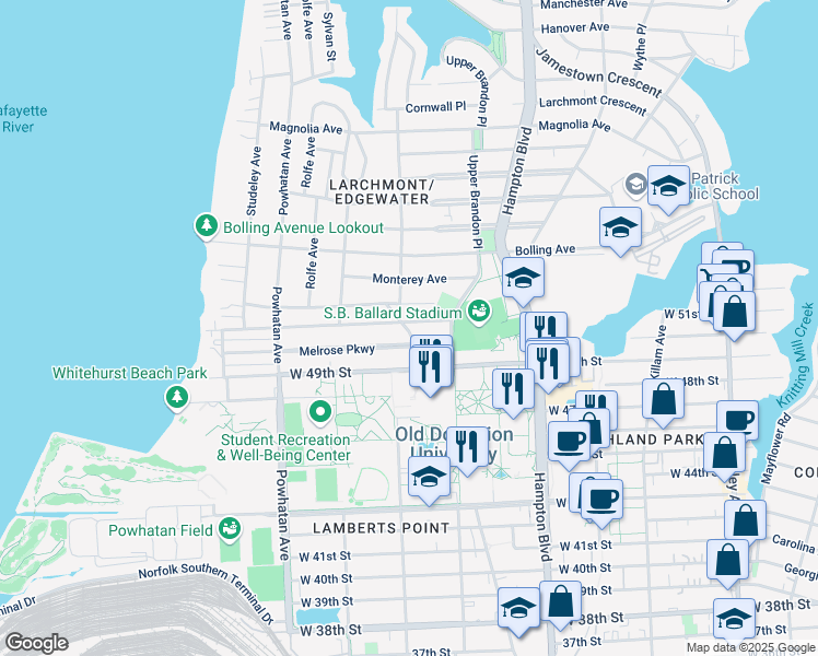 map of restaurants, bars, coffee shops, grocery stores, and more near 1337 Longwood Drive in Norfolk