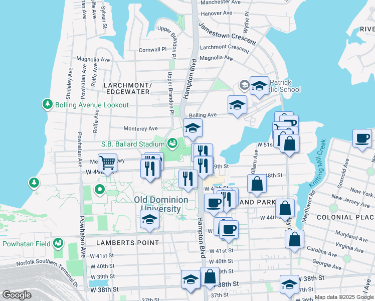 map of restaurants, bars, coffee shops, grocery stores, and more near 5115 Hampton Boulevard in Norfolk