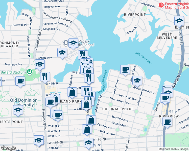 map of restaurants, bars, coffee shops, grocery stores, and more near 780 West 50th Street in Norfolk