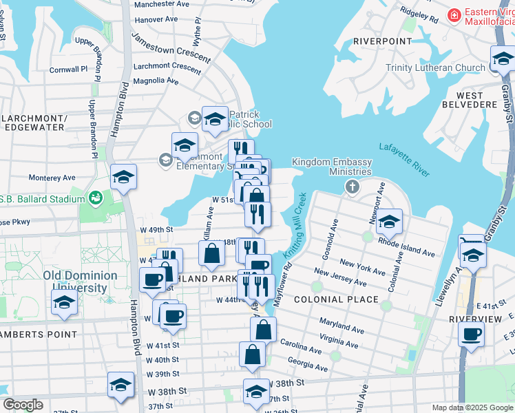 map of restaurants, bars, coffee shops, grocery stores, and more near 5004 Colley Avenue in Norfolk