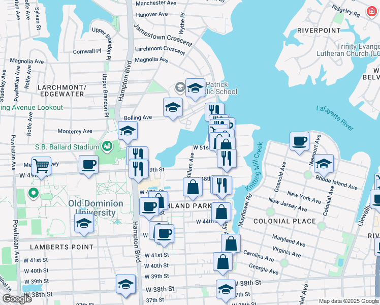 map of restaurants, bars, coffee shops, grocery stores, and more near 5001 Killam Avenue in Norfolk