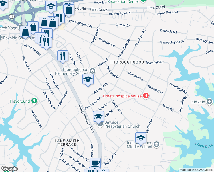 map of restaurants, bars, coffee shops, grocery stores, and more near 4517 Biscayne Drive in Virginia Beach