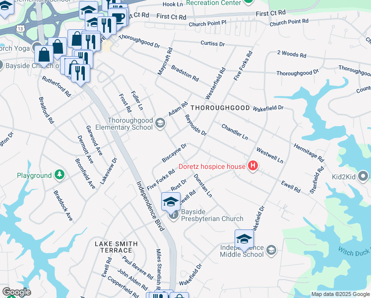 map of restaurants, bars, coffee shops, grocery stores, and more near 4517 Biscayne Drive in Virginia Beach