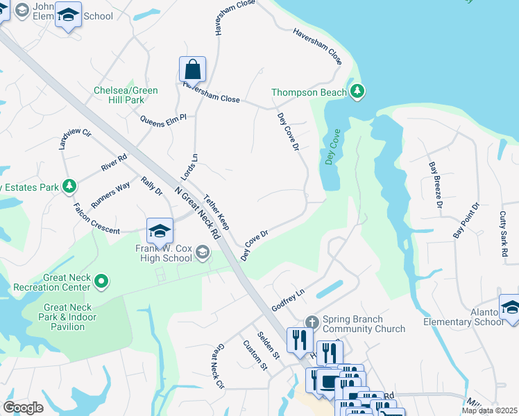map of restaurants, bars, coffee shops, grocery stores, and more near 2125 Chamberling Key in Virginia Beach