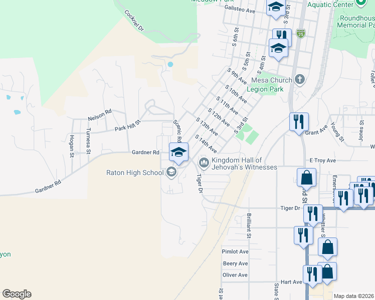 map of restaurants, bars, coffee shops, grocery stores, and more near 1345 South 14th Avenue in Raton