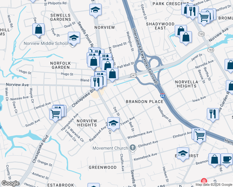 map of restaurants, bars, coffee shops, grocery stores, and more near 3663 Humboldt Street in Norfolk