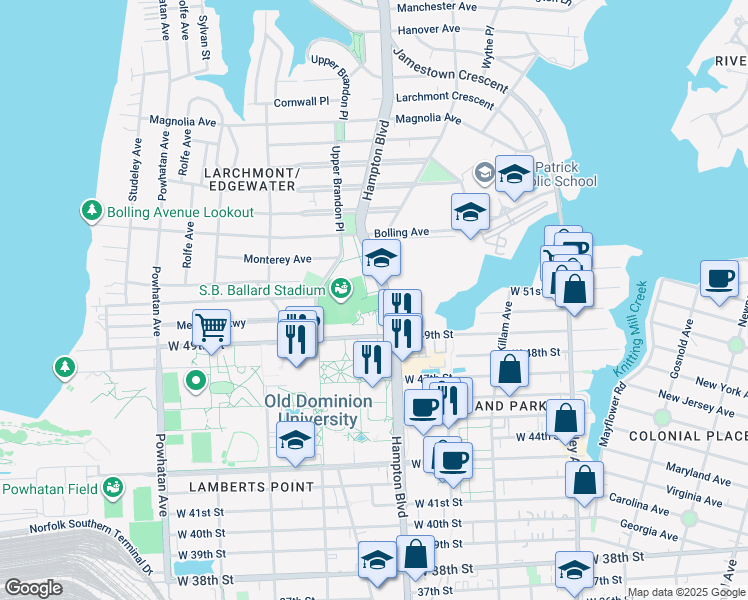 map of restaurants, bars, coffee shops, grocery stores, and more near 5115 Hampton Boulevard in Norfolk