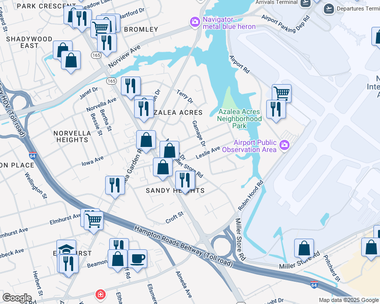 map of restaurants, bars, coffee shops, grocery stores, and more near 5749 Townley Avenue in Norfolk