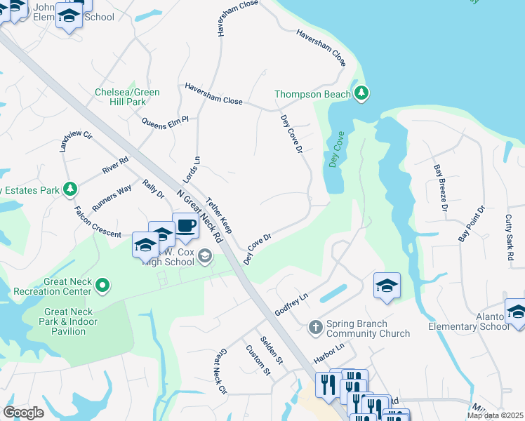 map of restaurants, bars, coffee shops, grocery stores, and more near 2125 Chamberling Key in Virginia Beach