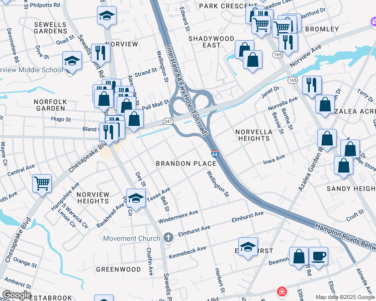 map of restaurants, bars, coffee shops, grocery stores, and more near 3612 Wellington Street in Norfolk