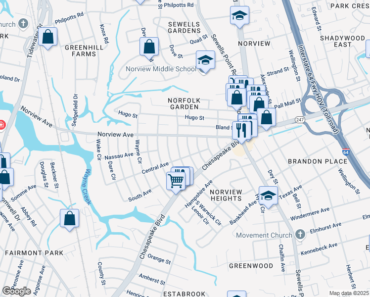map of restaurants, bars, coffee shops, grocery stores, and more near 3827 Essex Circle in Norfolk