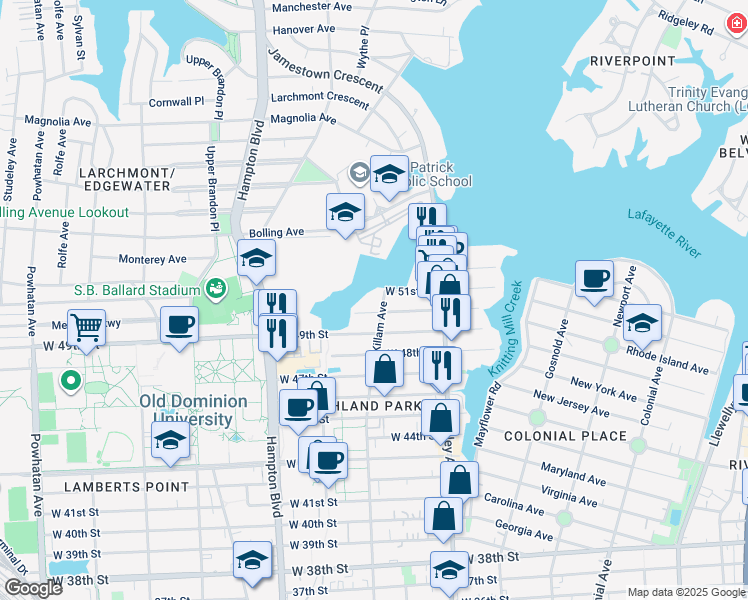 map of restaurants, bars, coffee shops, grocery stores, and more near 5014 Killam Avenue in Norfolk
