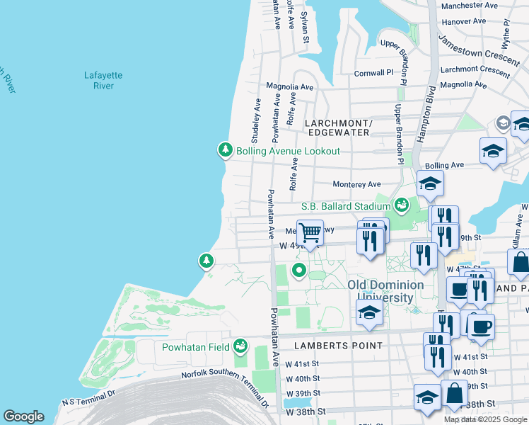 map of restaurants, bars, coffee shops, grocery stores, and more near 5101 Powhatan Avenue in Norfolk