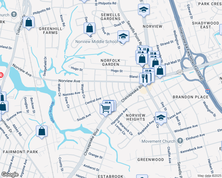 map of restaurants, bars, coffee shops, grocery stores, and more near 3827 Essex Circle in Norfolk