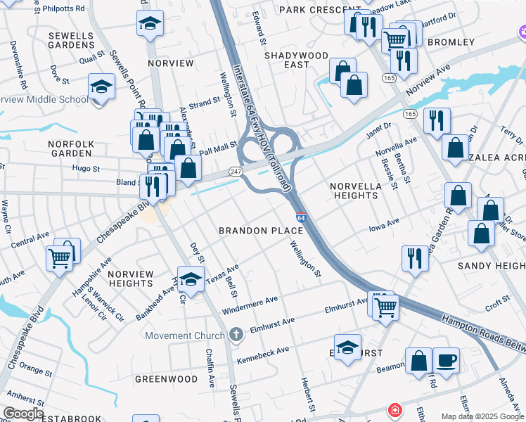 map of restaurants, bars, coffee shops, grocery stores, and more near 3612 Wellington Street in Norfolk