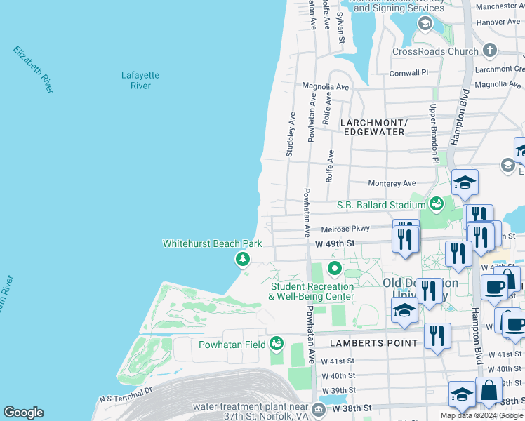 map of restaurants, bars, coffee shops, grocery stores, and more near 1658 Longwood Drive in Norfolk