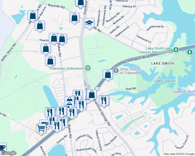 map of restaurants, bars, coffee shops, grocery stores, and more near 1351 Sapphire Drive in Virginia Beach