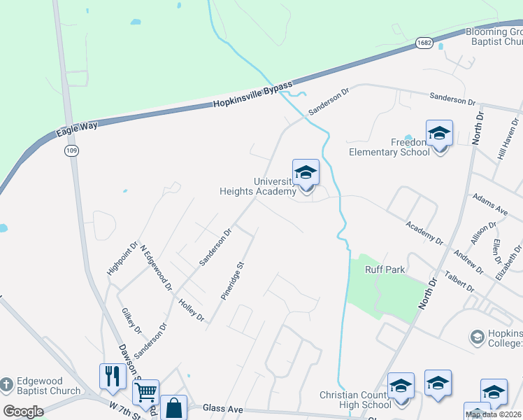 map of restaurants, bars, coffee shops, grocery stores, and more near 102 Lee Lane in Hopkinsville