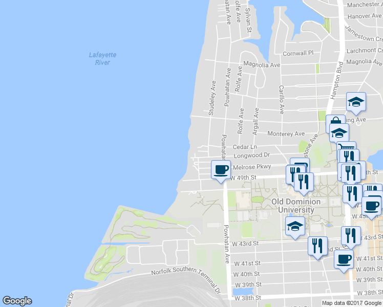 map of restaurants, bars, coffee shops, grocery stores, and more near 1658 Longwood Drive in Norfolk