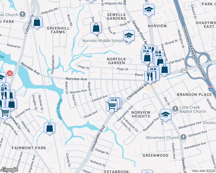 map of restaurants, bars, coffee shops, grocery stores, and more near 3838 Abingdon Circle in Norfolk