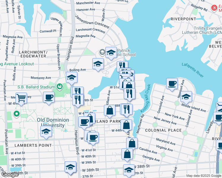 map of restaurants, bars, coffee shops, grocery stores, and more near 5012 Killam Avenue in Norfolk
