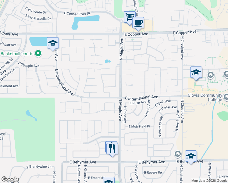 map of restaurants, bars, coffee shops, grocery stores, and more near 1881 East Oakmont Avenue in Fresno