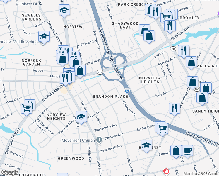 map of restaurants, bars, coffee shops, grocery stores, and more near 3612 Wellington Street in Norfolk