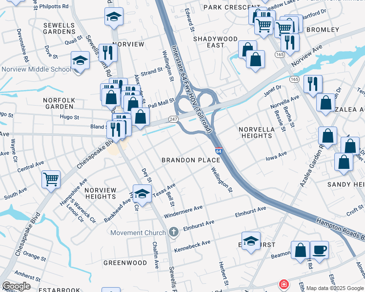 map of restaurants, bars, coffee shops, grocery stores, and more near 3624 Herbert Street in Norfolk