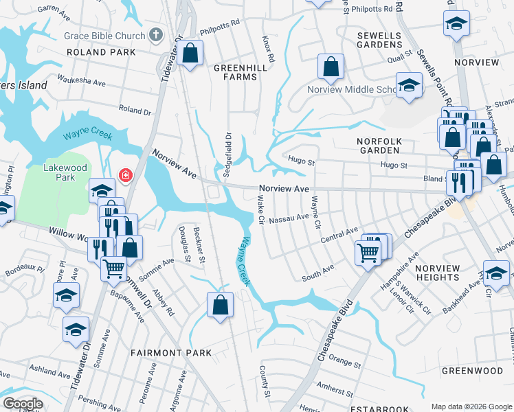 map of restaurants, bars, coffee shops, grocery stores, and more near 3884 Wake Circle in Norfolk