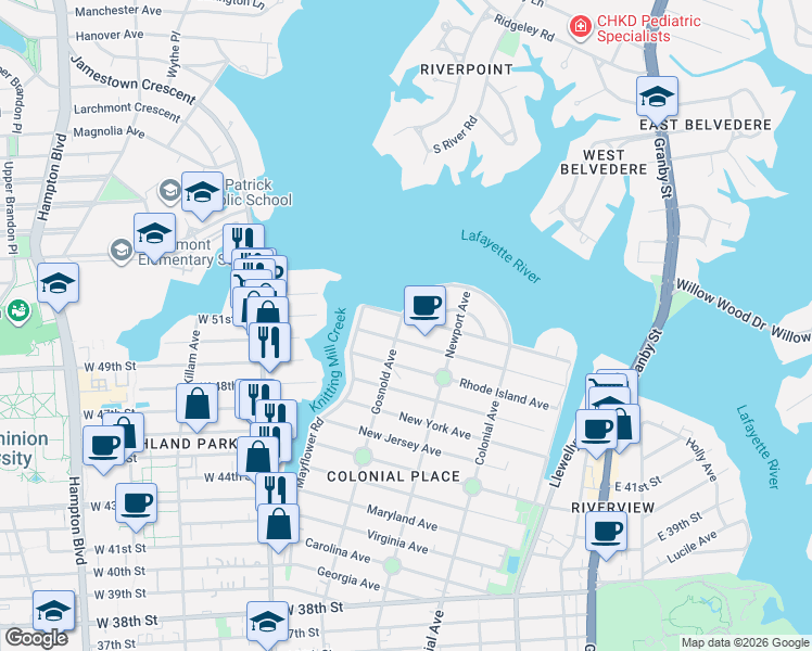 map of restaurants, bars, coffee shops, grocery stores, and more near 709 Mayflower Road in Norfolk