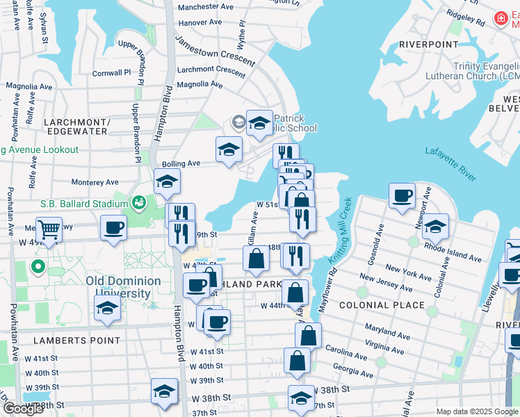 map of restaurants, bars, coffee shops, grocery stores, and more near 5012 Killam Avenue in Norfolk