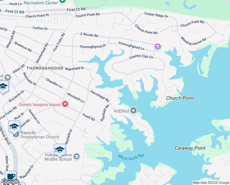map of restaurants, bars, coffee shops, grocery stores, and more near 1609 Moores Lane in Virginia Beach