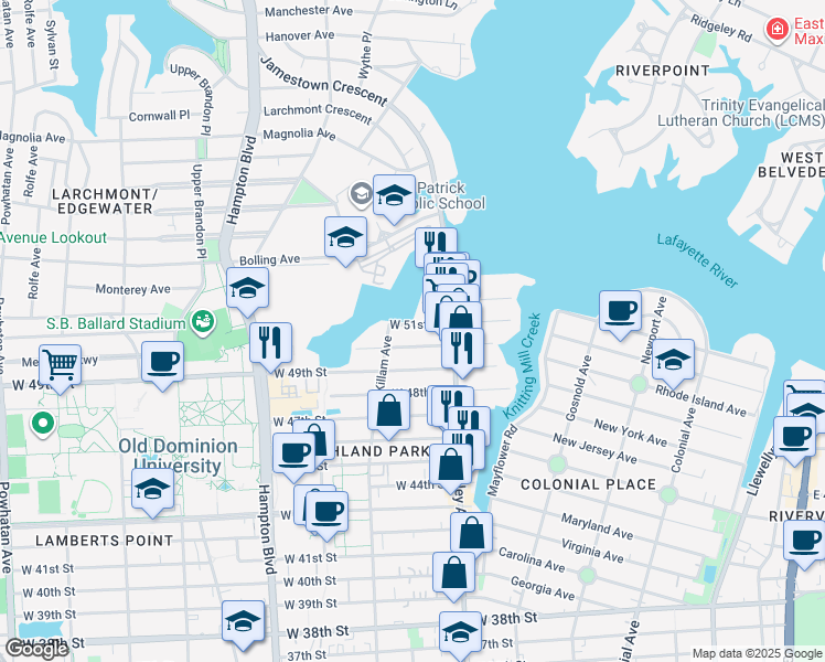 map of restaurants, bars, coffee shops, grocery stores, and more near 816 West 51st Street in Norfolk