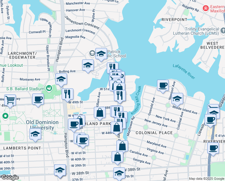map of restaurants, bars, coffee shops, grocery stores, and more near 815 West 51st Street in Norfolk