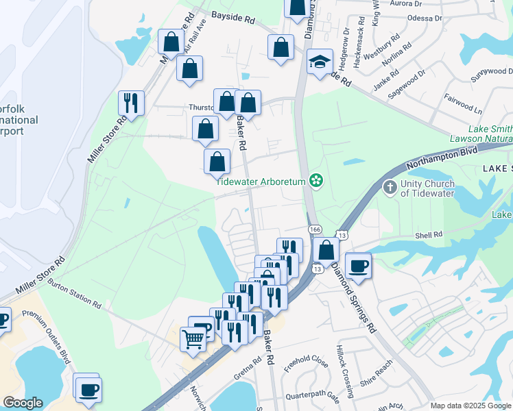 map of restaurants, bars, coffee shops, grocery stores, and more near 1276 Baker Road in Virginia Beach