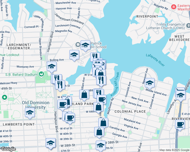 map of restaurants, bars, coffee shops, grocery stores, and more near 815 West 51st Street in Norfolk