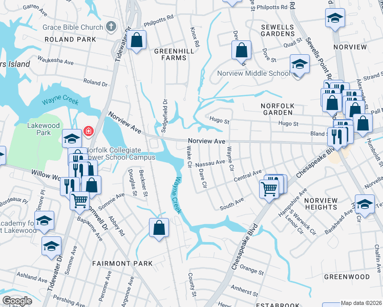 map of restaurants, bars, coffee shops, grocery stores, and more near 3884 Wake Circle in Norfolk