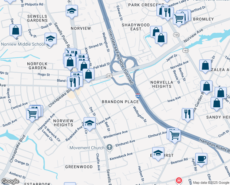 map of restaurants, bars, coffee shops, grocery stores, and more near 3624 Herbert Street in Norfolk