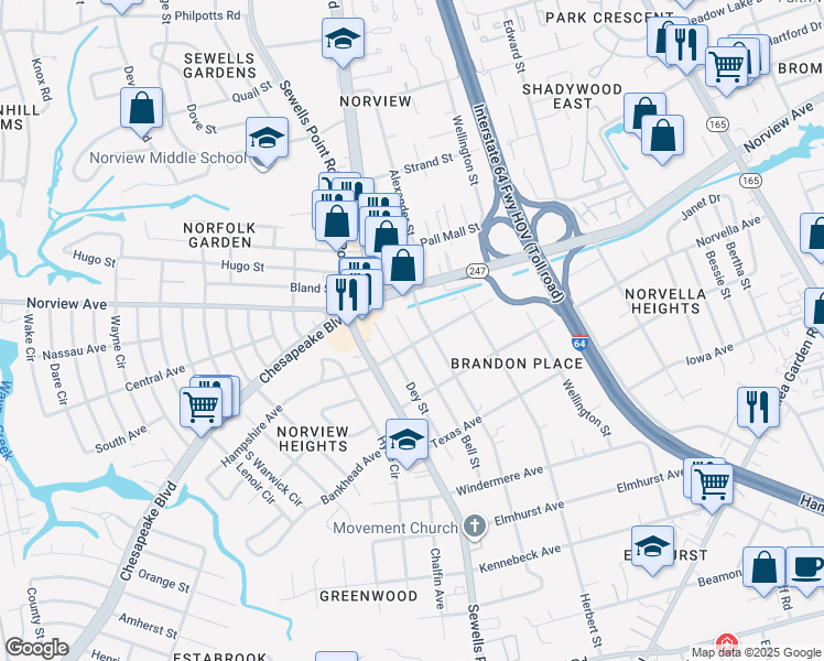 map of restaurants, bars, coffee shops, grocery stores, and more near 3663 Humboldt Street in Norfolk