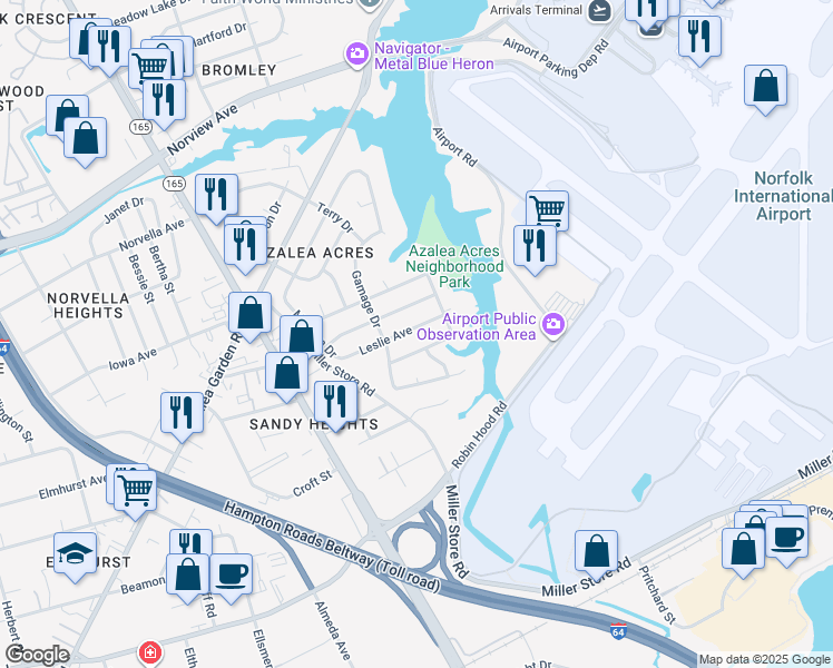 map of restaurants, bars, coffee shops, grocery stores, and more near 5816 Leslie Avenue in Norfolk